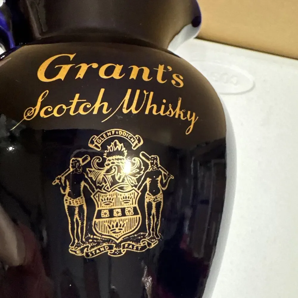 Vtg Grant's Scotch Whisky Water Juice Blue Pitcher Gold Accents Wade Regicor